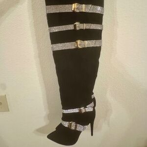 Black embellished thigh high boots, gold and silver bedazzled Boots, US size 12